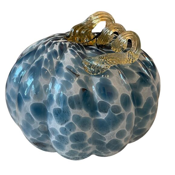 TAHARI Hand Blown Art Glass Pumpkin Blue Spotted Amber Stem Chic Fall Decor NEW - Picture 1 of 16